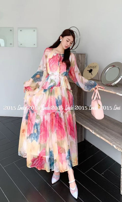 Multi Button Down Floral Waist Tie Long Maxi Dress